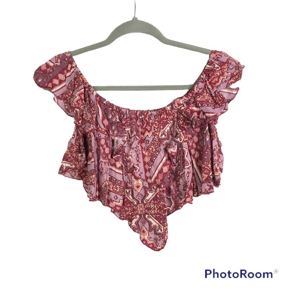 Olivaceous handkerchiefs print ruffle off shoulder crop top Size S nwt